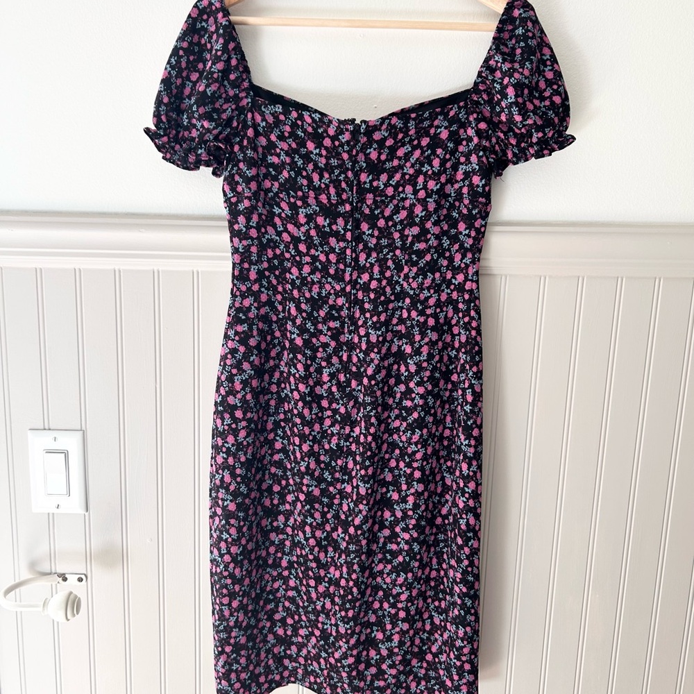 🖤 Purple Floral Midi Dress – Puff Sleeves | Sweetheart Neck Size XS - Picture 7 of 10